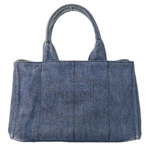 PRADA Canapa Triangle Logo Plate Denim Tote Bag Indigo Women's